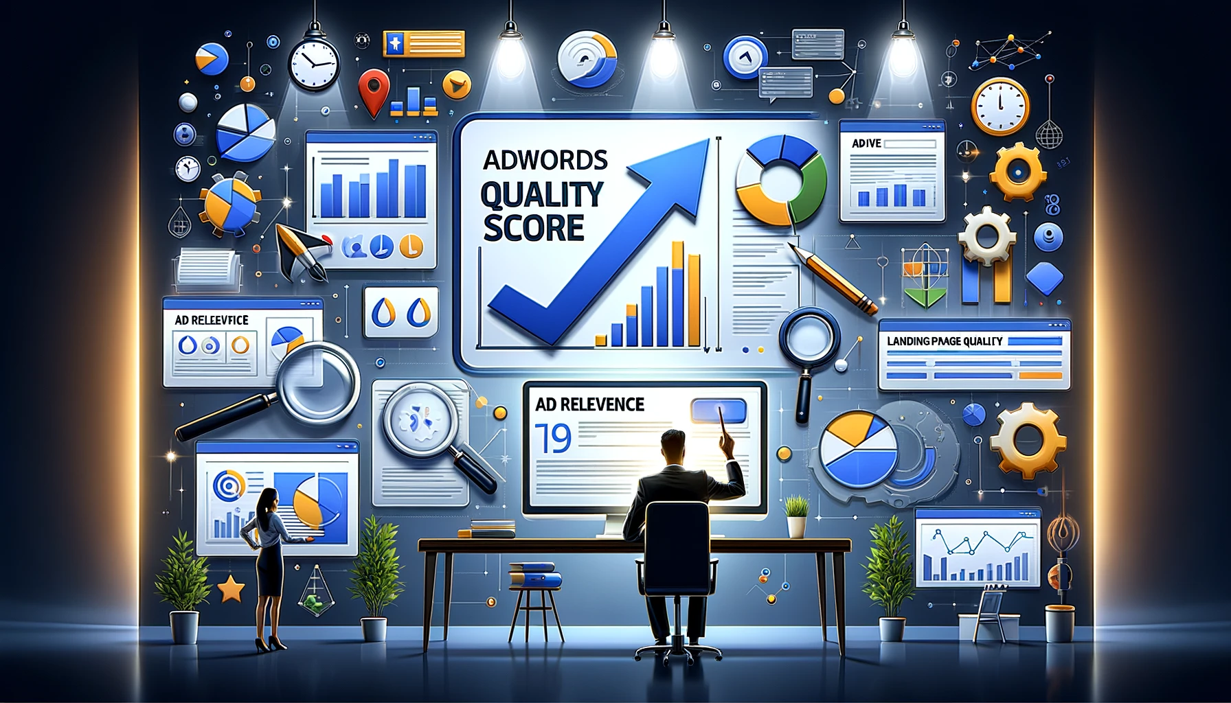 Visualization of Adwords Quality Score improvement featuring marketing analytics, ad relevance, and optimization strategies.