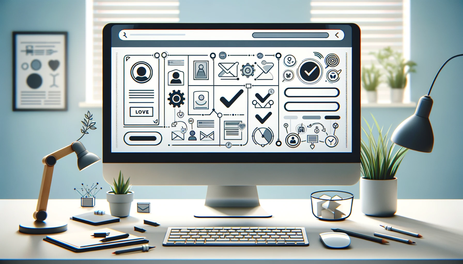 Symbols and design elements on a computer screen symbolize optimal Landing Page User Experience, focusing on user-friendly, efficient interactions.