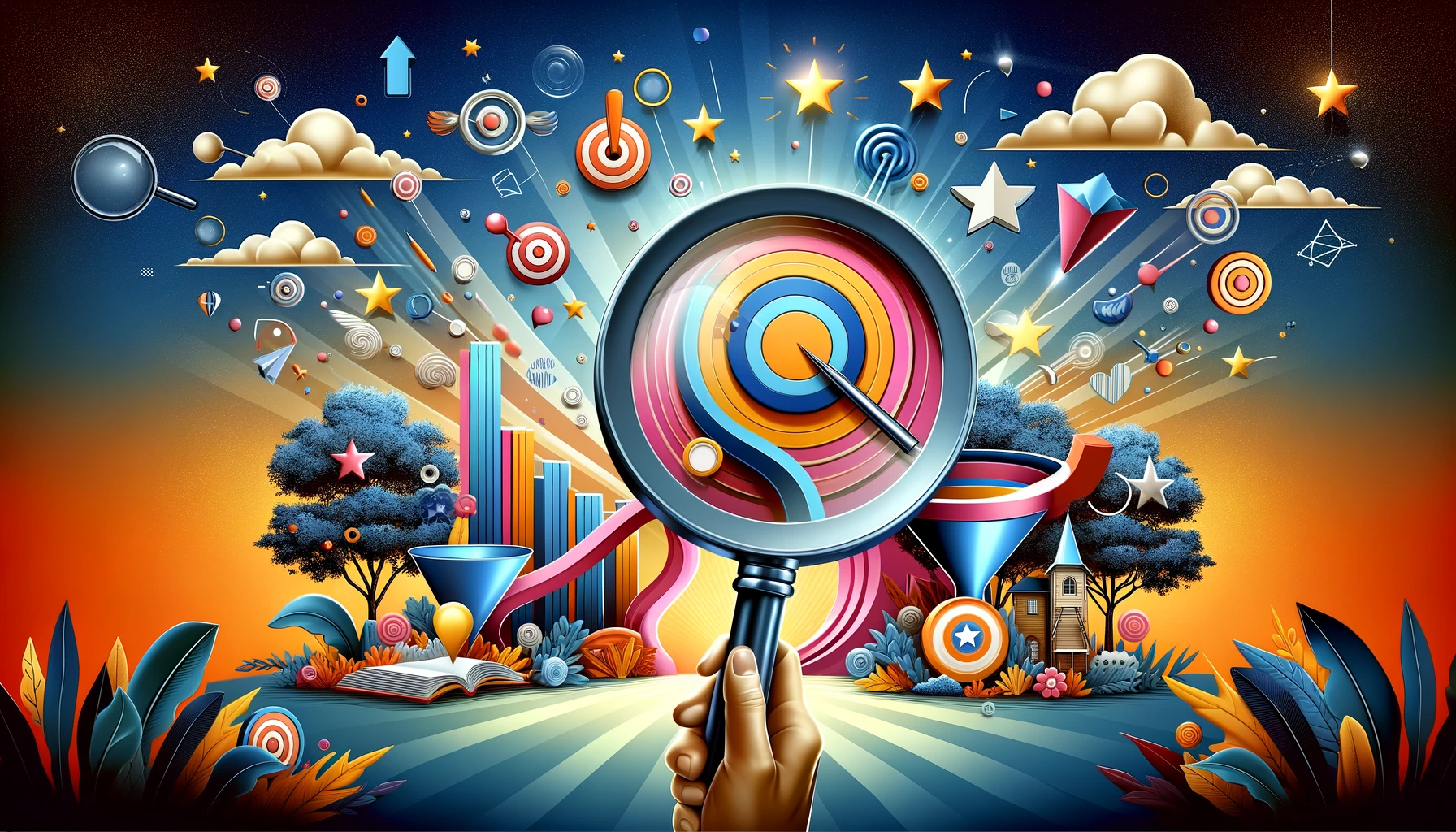 Abstract visuals symbolizing the optimization of Landing Page Conversion, featuring a magnifying glass on target, conversion funnel, and user engagement symbols.