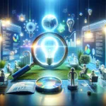 A digital depiction showcasing the essence of SEO Keyword Optimization with a magnifying glass on keywords, growth graph, innovative light bulb, and search engine results.