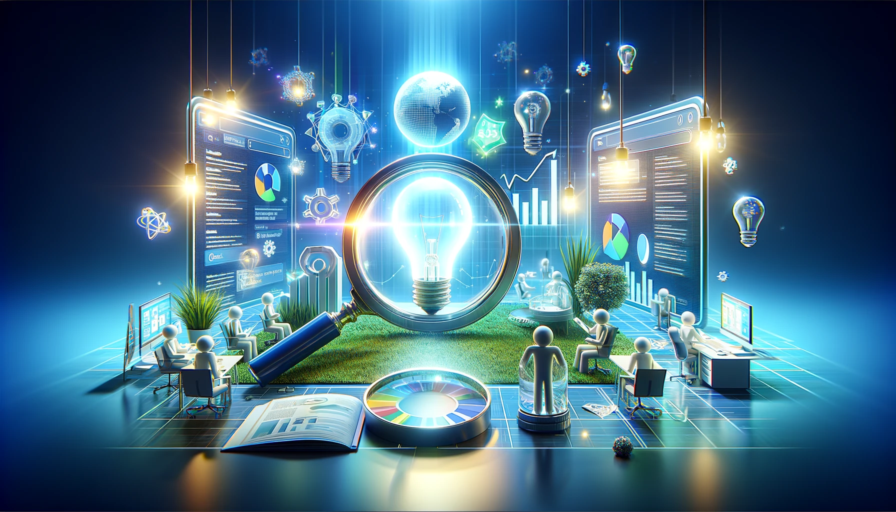 A digital depiction showcasing the essence of SEO Keyword Optimization with a magnifying glass on keywords, growth graph, innovative light bulb, and search engine results.