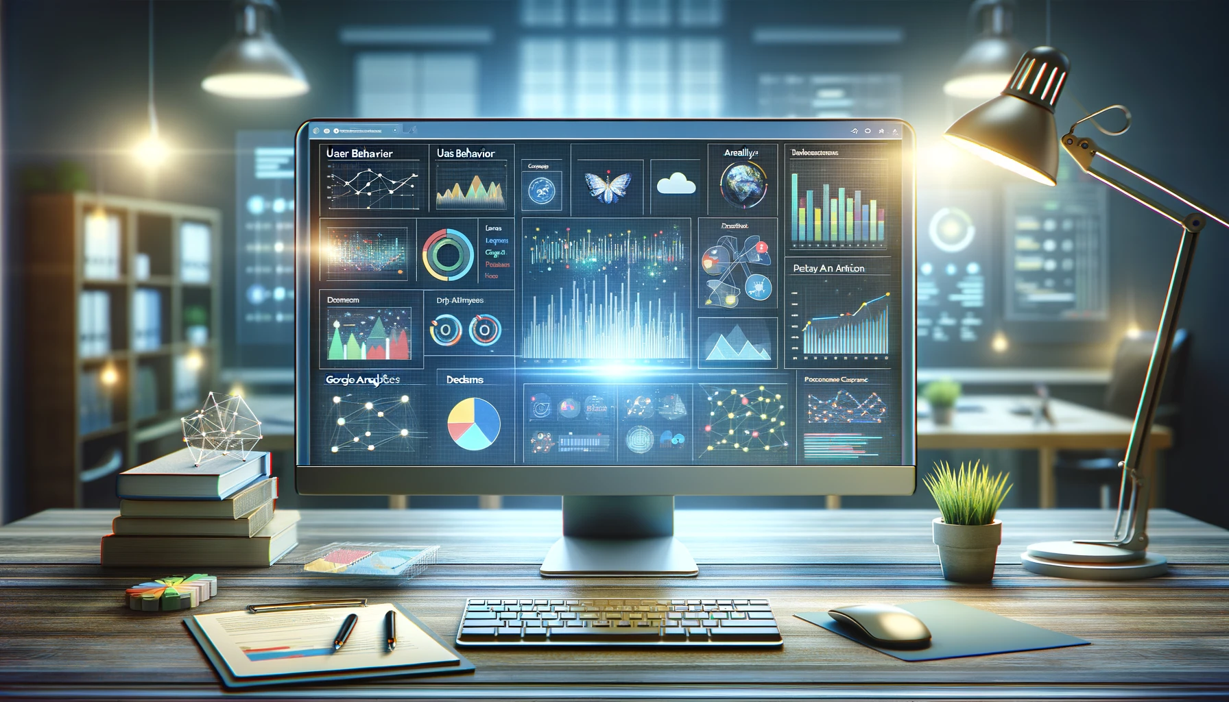 A detailed representation of a workspace dedicated to the analysis of Google Analytics User Behavior, showcasing a computer screen with vibrant charts and graphs that represent web user interactions.