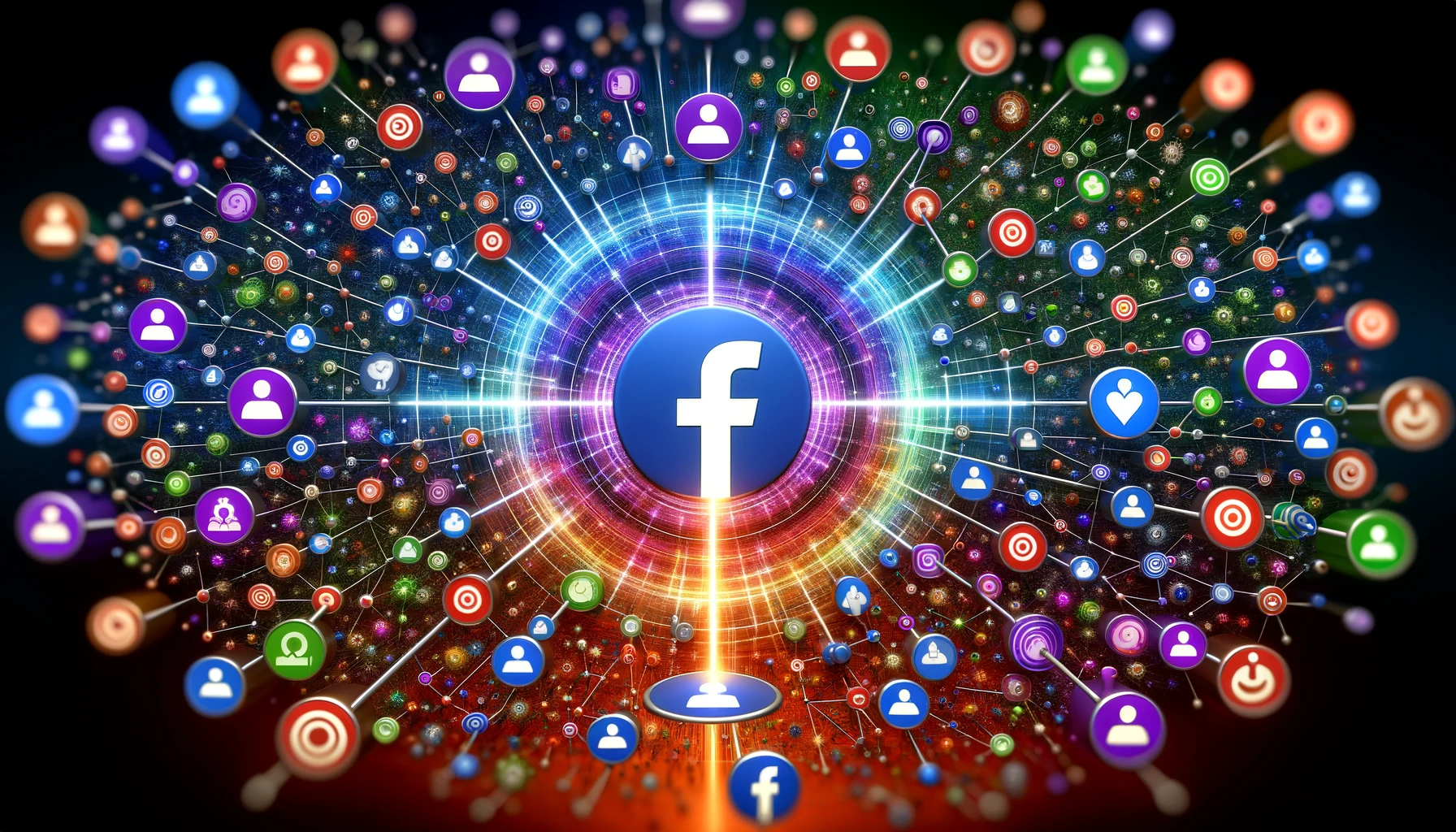 Visualization of Facebook Ad Targeting with vibrant nodes representing diverse user demographics and interests funneling into a central targeted ad symbol.