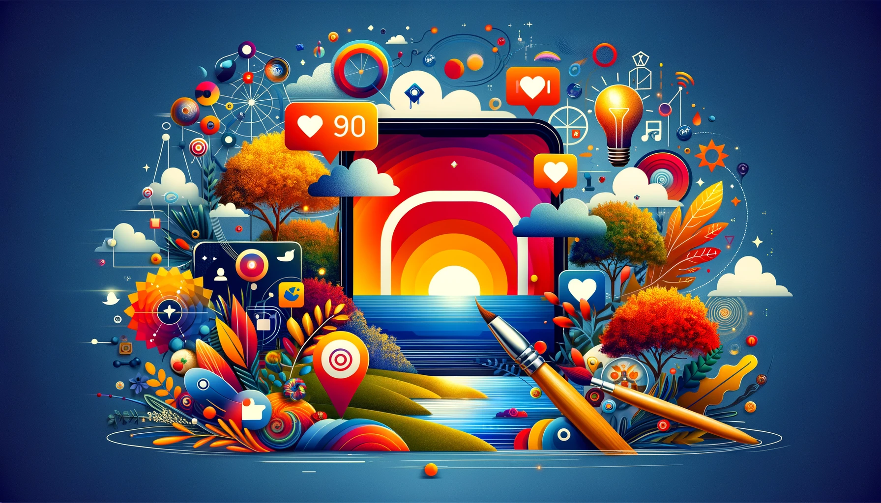 Vibrant representation of "Instagram Ad Creative" showcasing engagement through likes and shares, combined with creative symbols like a paintbrush and light bulb.