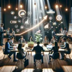 A diverse team of professionals collaboratively engaging in a small, bright office setting, examining CRM data analytics on digital devices, surrounded by symbols of growth like upward trend charts and a progressively larger plant, indicative of CRM for Small Business success.