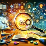 A vibrant depiction of a digital workspace with elements representing SEO content writing, including keyword research, link building, and analytics. Explore SEO Content Writing Tips now!