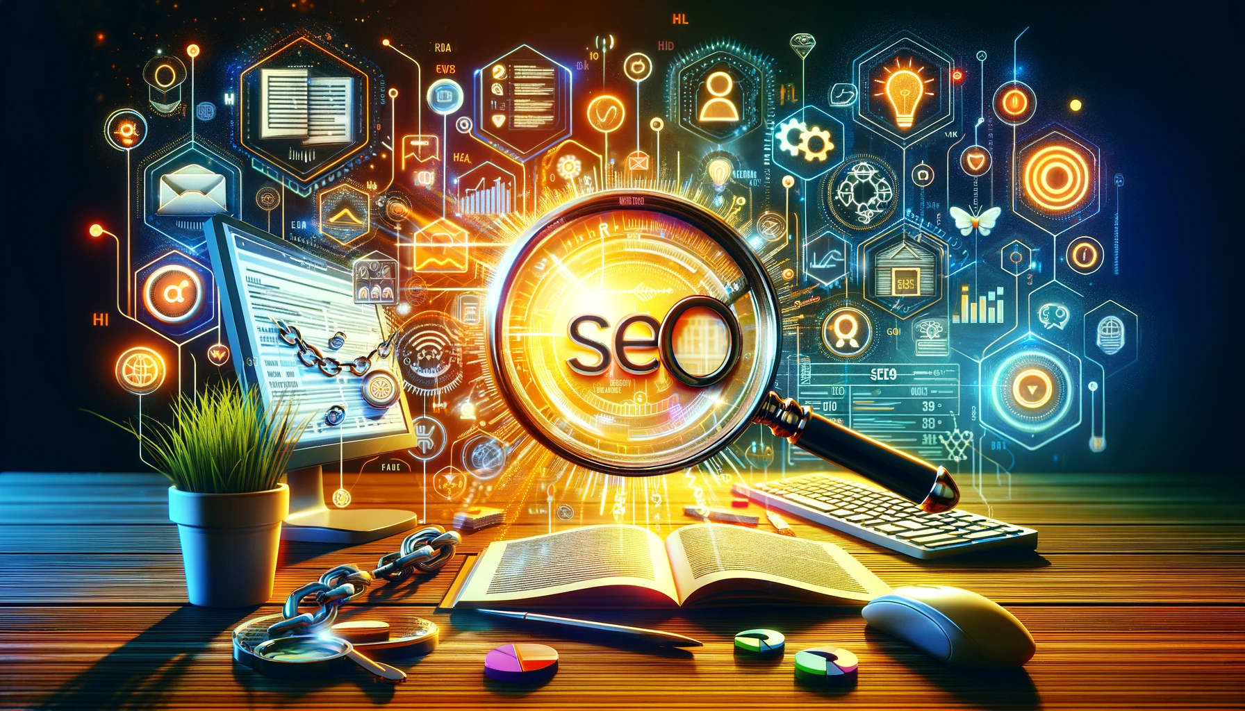 A vibrant depiction of a digital workspace with elements representing SEO content writing, including keyword research, link building, and analytics. Explore SEO Content Writing Tips now!
