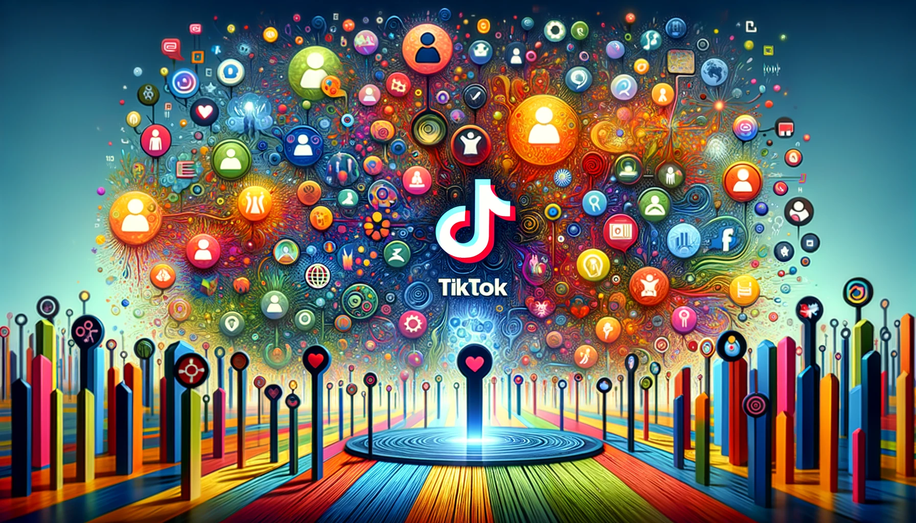 Abstract visualization representing TikTok Ad Targeting with colorful networks and demographic icons, embodying engagement and diversity.