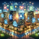 Illustration of a digital cityscape at dusk where buildings shaped like social media icons and digital devices illustrate the successful integration of Native Ad Content with users engaging through their devices.