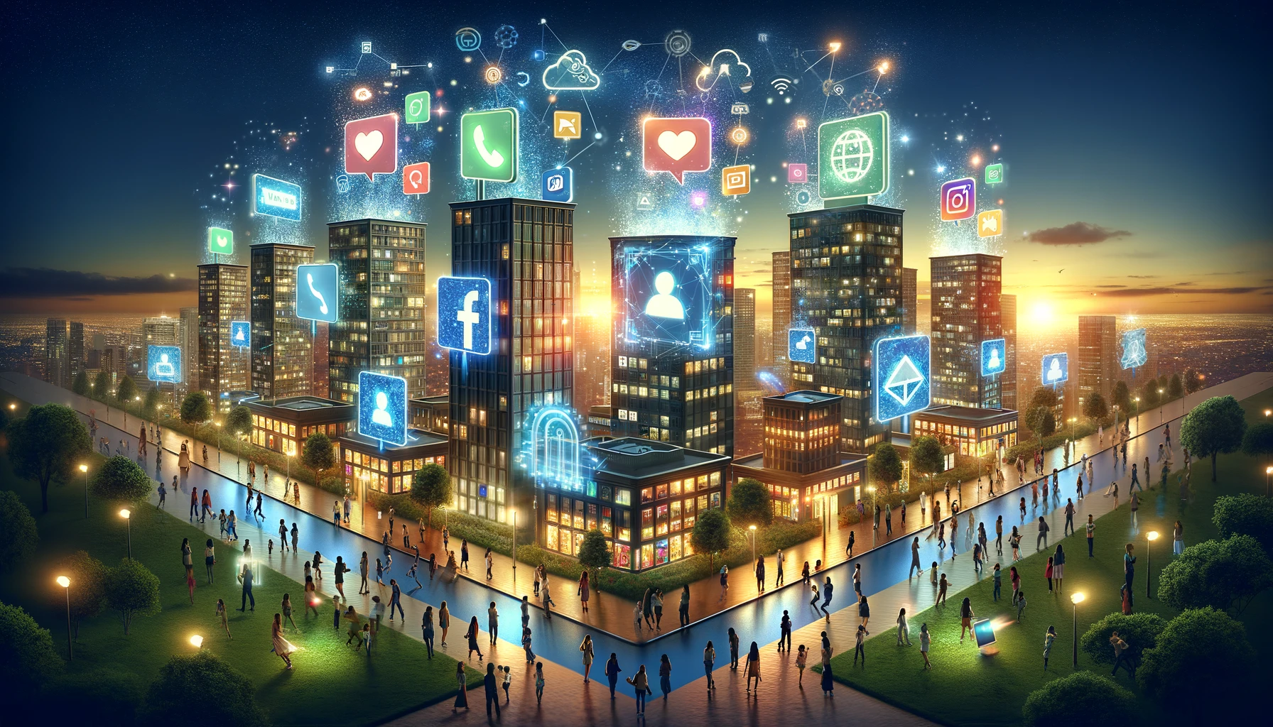 Illustration of a digital cityscape at dusk where buildings shaped like social media icons and digital devices illustrate the successful integration of Native Ad Content with users engaging through their devices.