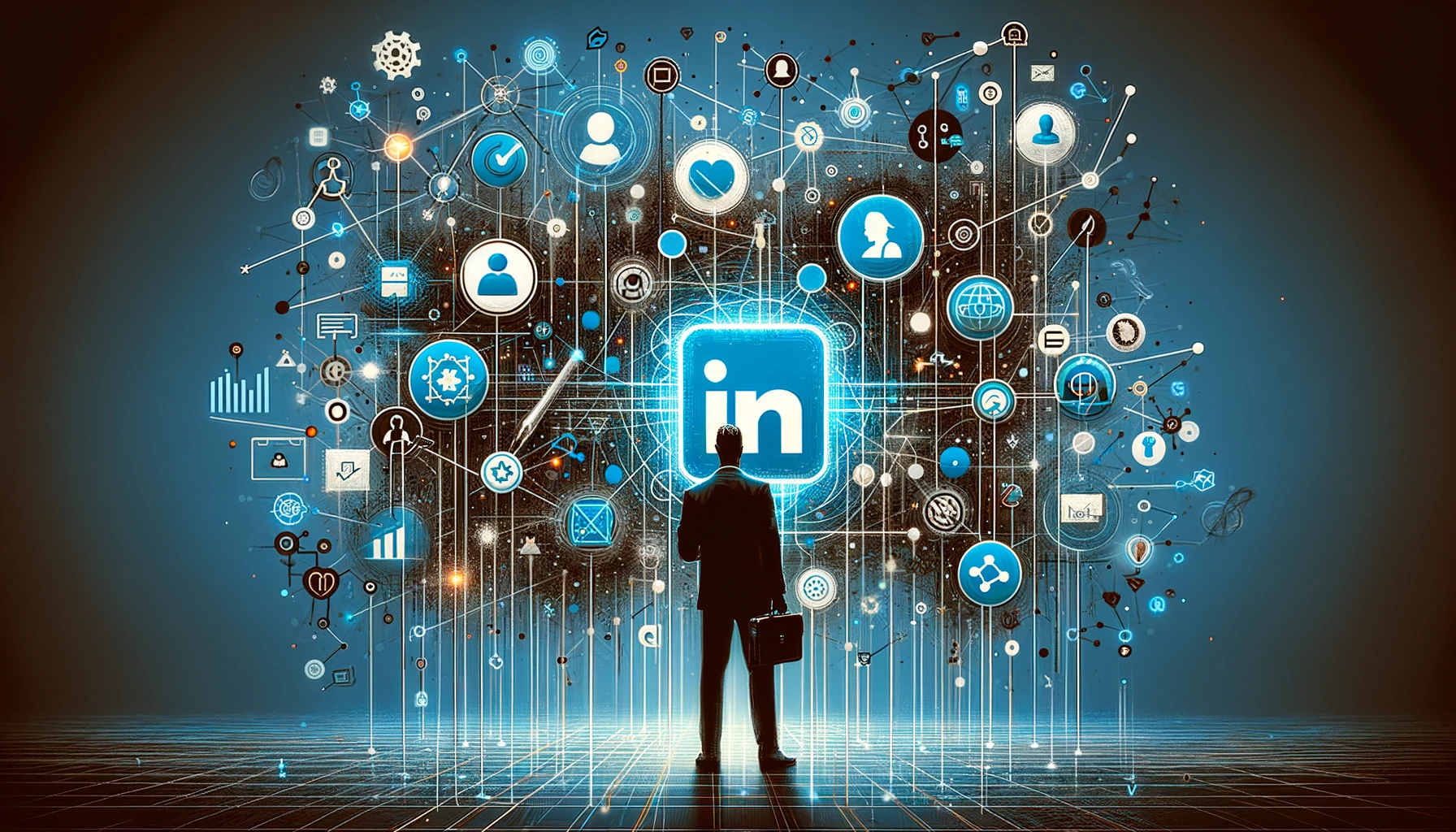 Abstract representation of impactful LinkedIn Sponsored Content, featuring interconnected nodes, growth symbols, and professional figures.