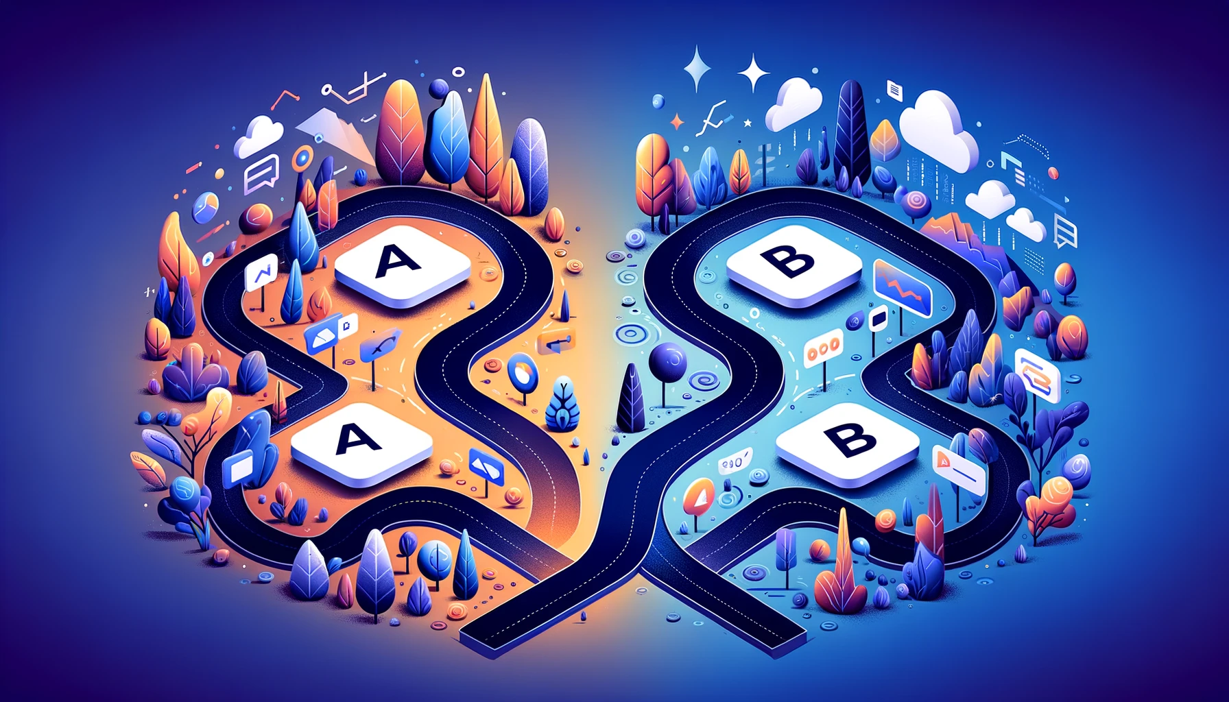 Abstract visual representation of Facebook Ad A/B Testing, depicting two distinct pathways symbolizing different ad scenarios, encompassing elements of data analysis and user engagement.