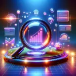 An abstract digital landscape showcasing Google Analytics SEO strategies, with a glowing magnifying glass analyzing a 3D website page surrounded by neon icons of charts, graphs, and keywords.