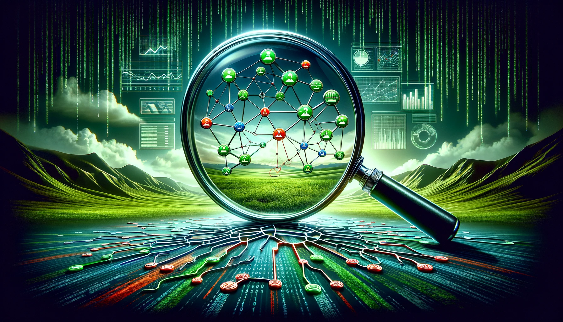 An intricate depiction of Link Profile Analysis with a magnifying glass highlighting the contrast between green, healthy links and red, broken ones against a backdrop of digital data analysis patterns.