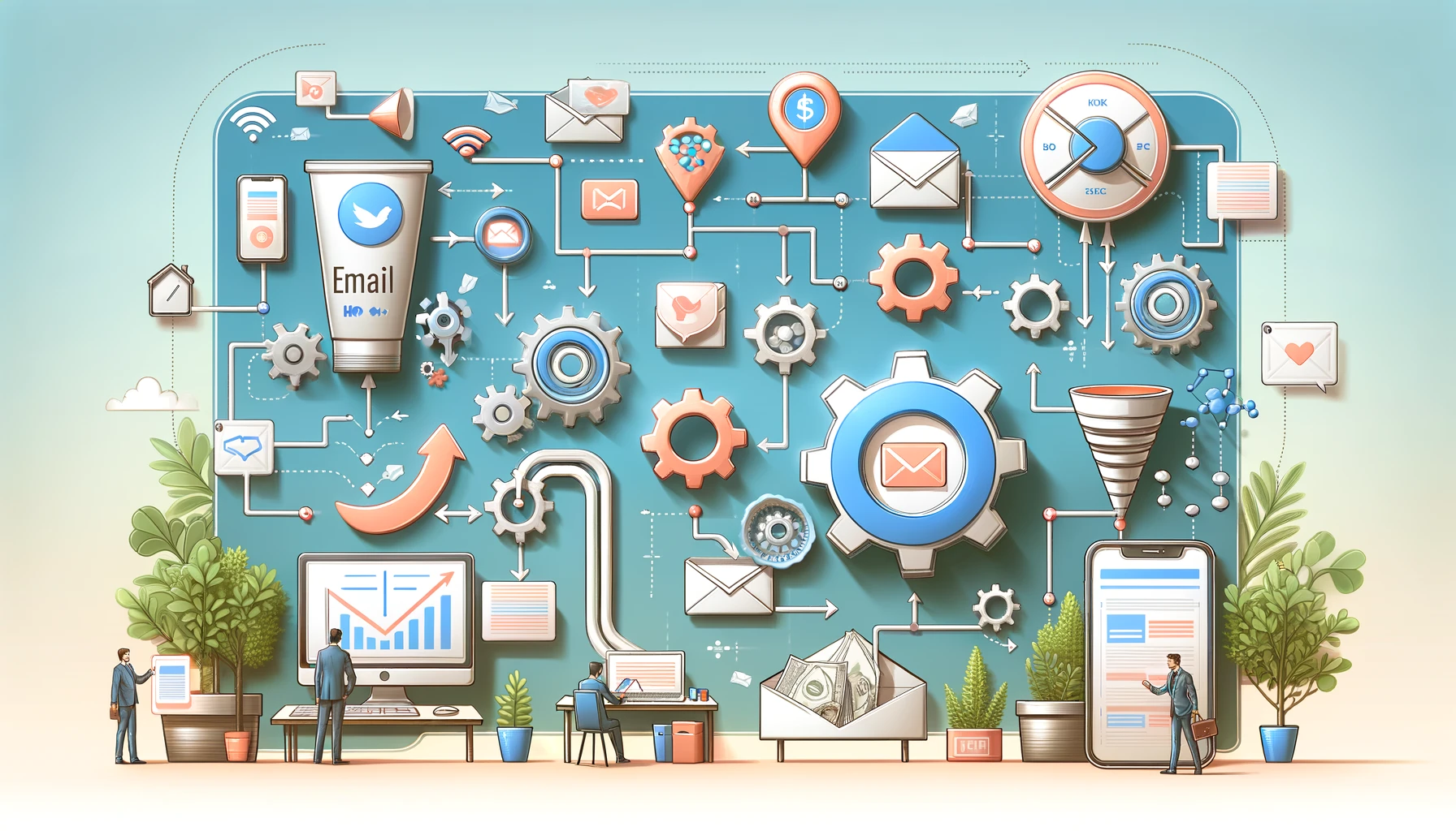 A conceptual image illustrating the essence of email marketing automation, showcasing interconnected marketing elements like emails, automation gears, and a digital marketing funnel, all harmonized within a modern digital environment.