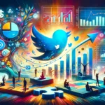 An abstract representation of strategic planning and audience engagement in Twitter Ad Campaigns, featuring a symbolic Twitter bird, growth graphs, and diverse human figures intertwined with strategic elements like chess pieces.