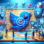 Digital marketing professionals using data analysis and creative strategies for effective Twitter Ad Targeting, highlighting audience segmentation and keyword optimization.