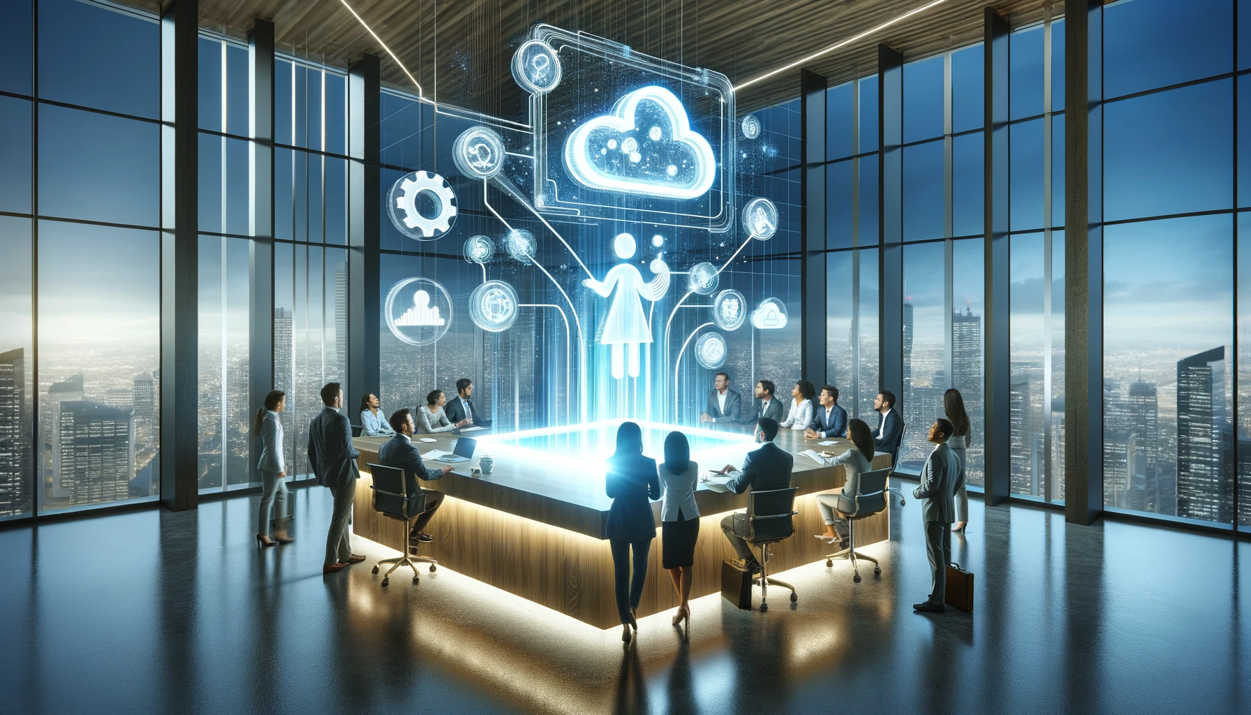 A group of professionals working in a modern office on optimizing CRM strategies, surrounded by technology and innovation, symbolized by a floating 3D visualization of a CRM system, showcasing Maximizing Sales With CRM.