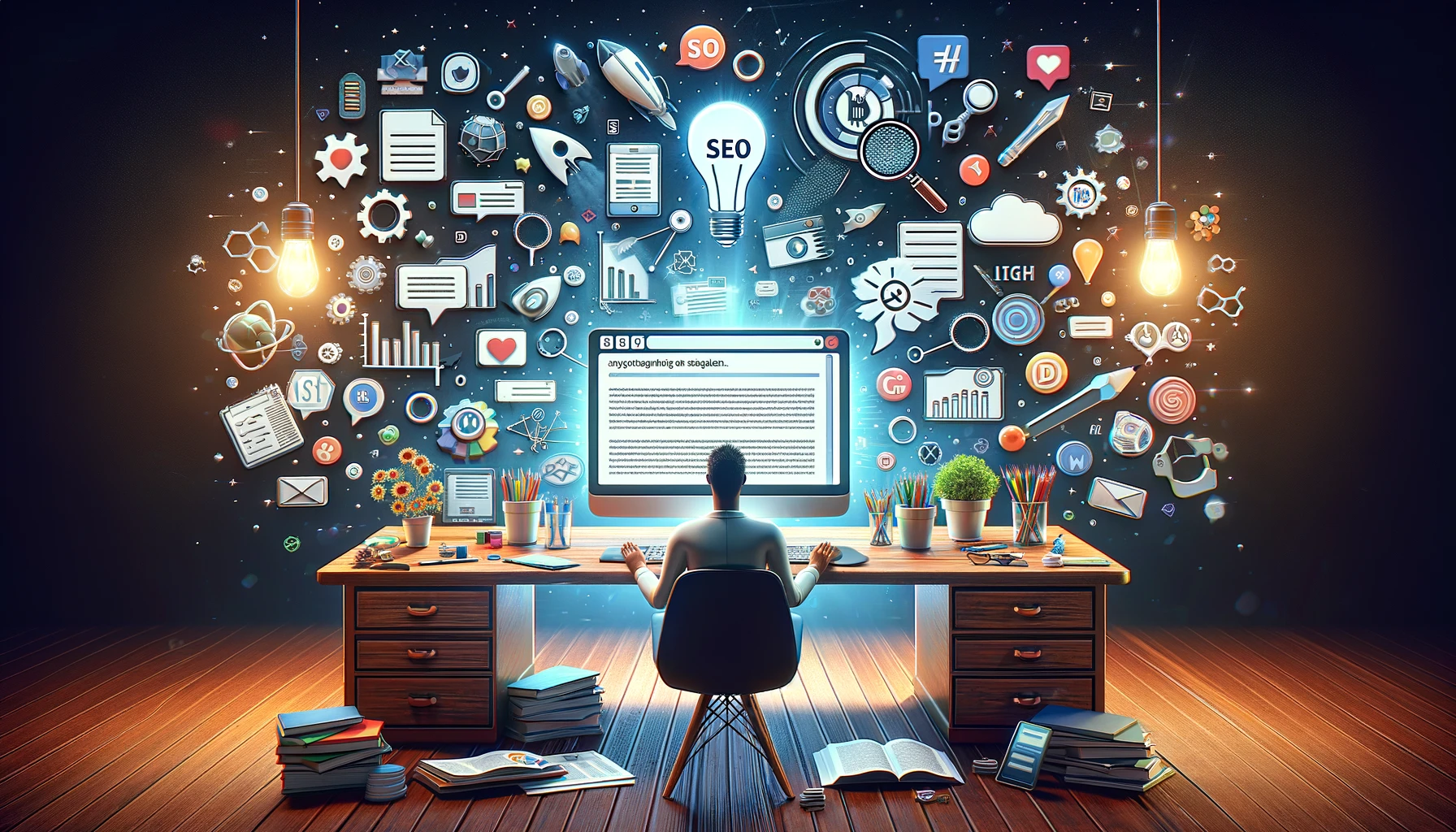 A visual narrative of SEO blog writing strategies, featuring a computer with SEO analytics and symbols of keywords, engagement, and structured content.