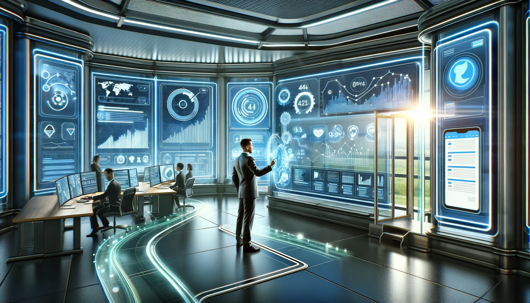 A professional interacting with large, transparent screens in a futuristic control room, displaying graphs, analytics, and automated email campaigns, symbolizing Lead Nurturing Automation in a business context.