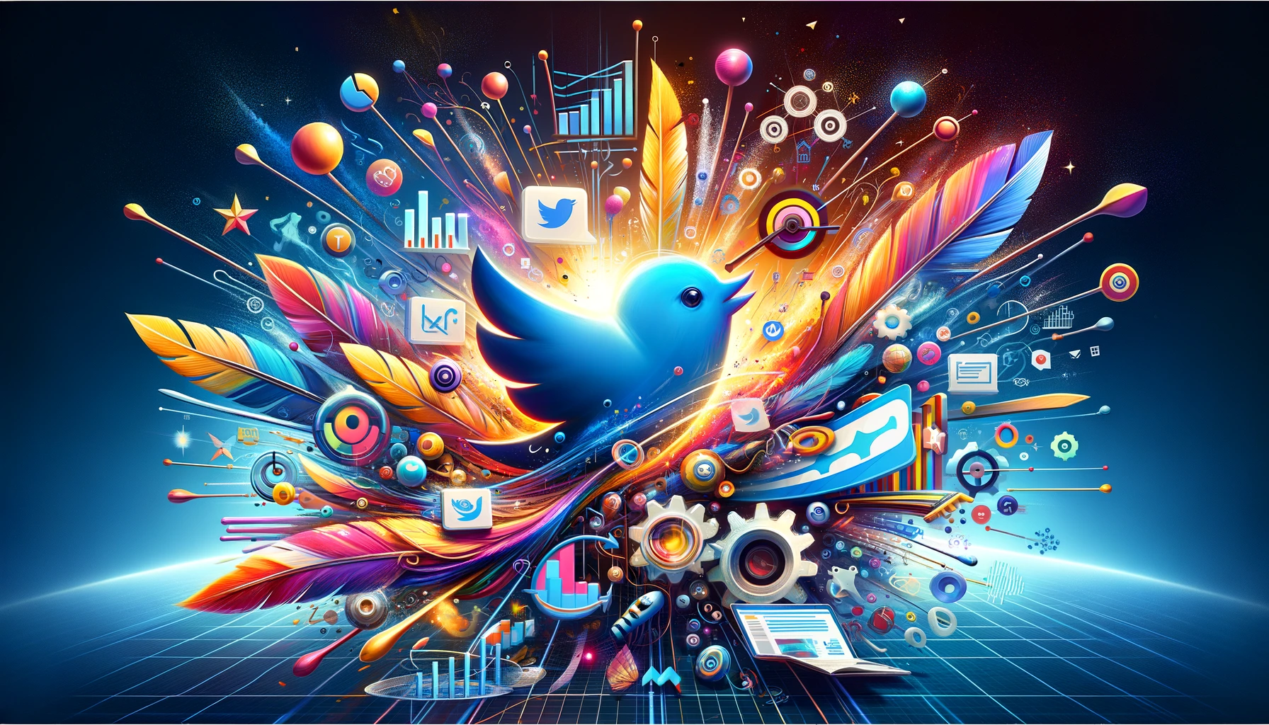 Abstract visual representation of optimizing Twitter ad budget featuring symbolic elements like a bird, graphs, charts, and gears in a dynamic and colorful setting.