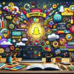 Illustration of crafting impactful Snapchat ads with colorful, eye-catching graphics and demographic engagement symbols.