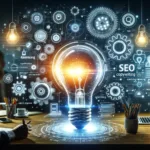 A brainstorming session on SEO strategy with a glowing light bulb and surrounding icons for search engines, rankings, and keywords, set against a backdrop of gears and digital patterns, emphasizing Keyword Rich Copywriting.