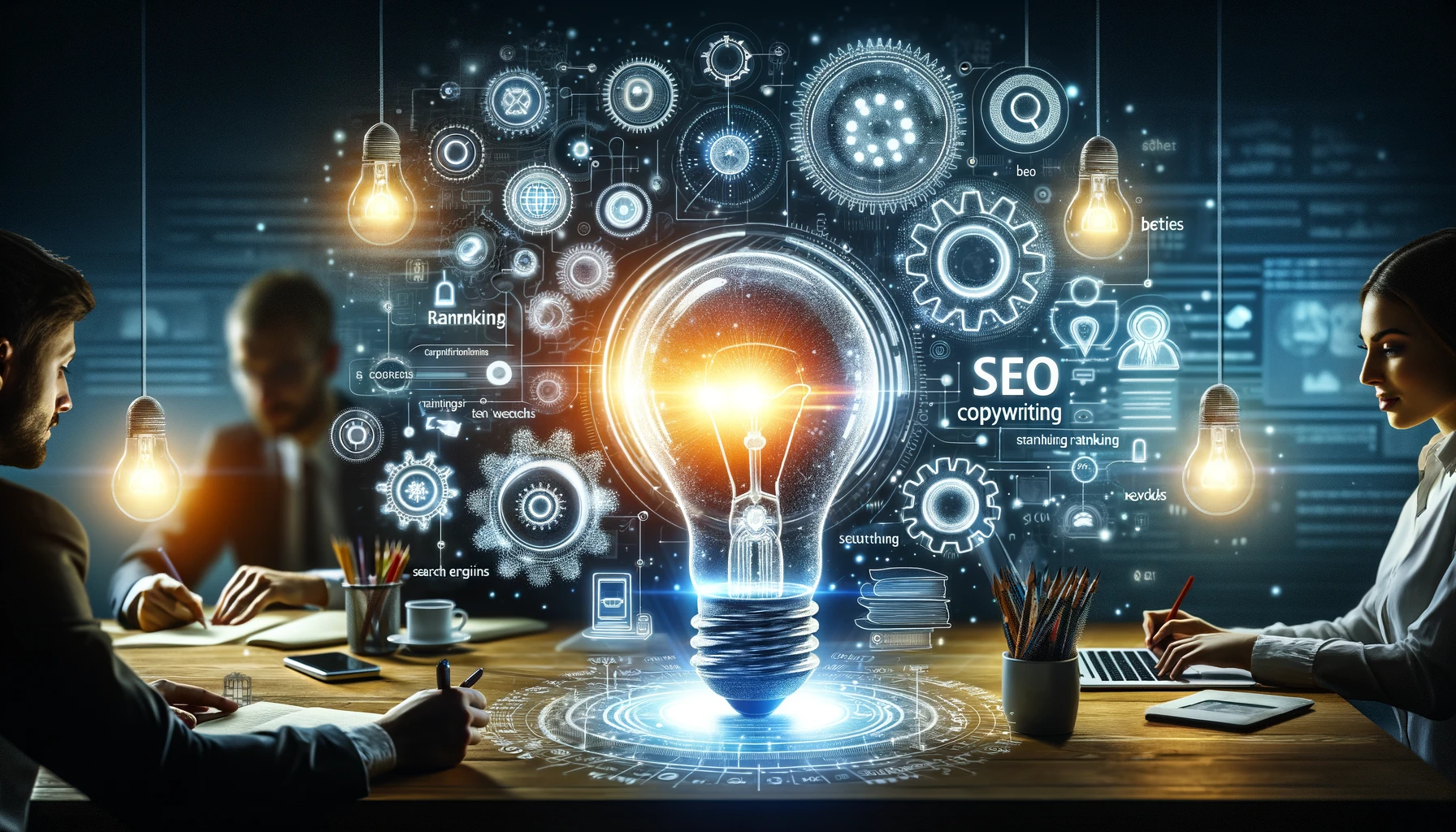 A brainstorming session on SEO strategy with a glowing light bulb and surrounding icons for search engines, rankings, and keywords, set against a backdrop of gears and digital patterns, emphasizing Keyword Rich Copywriting.