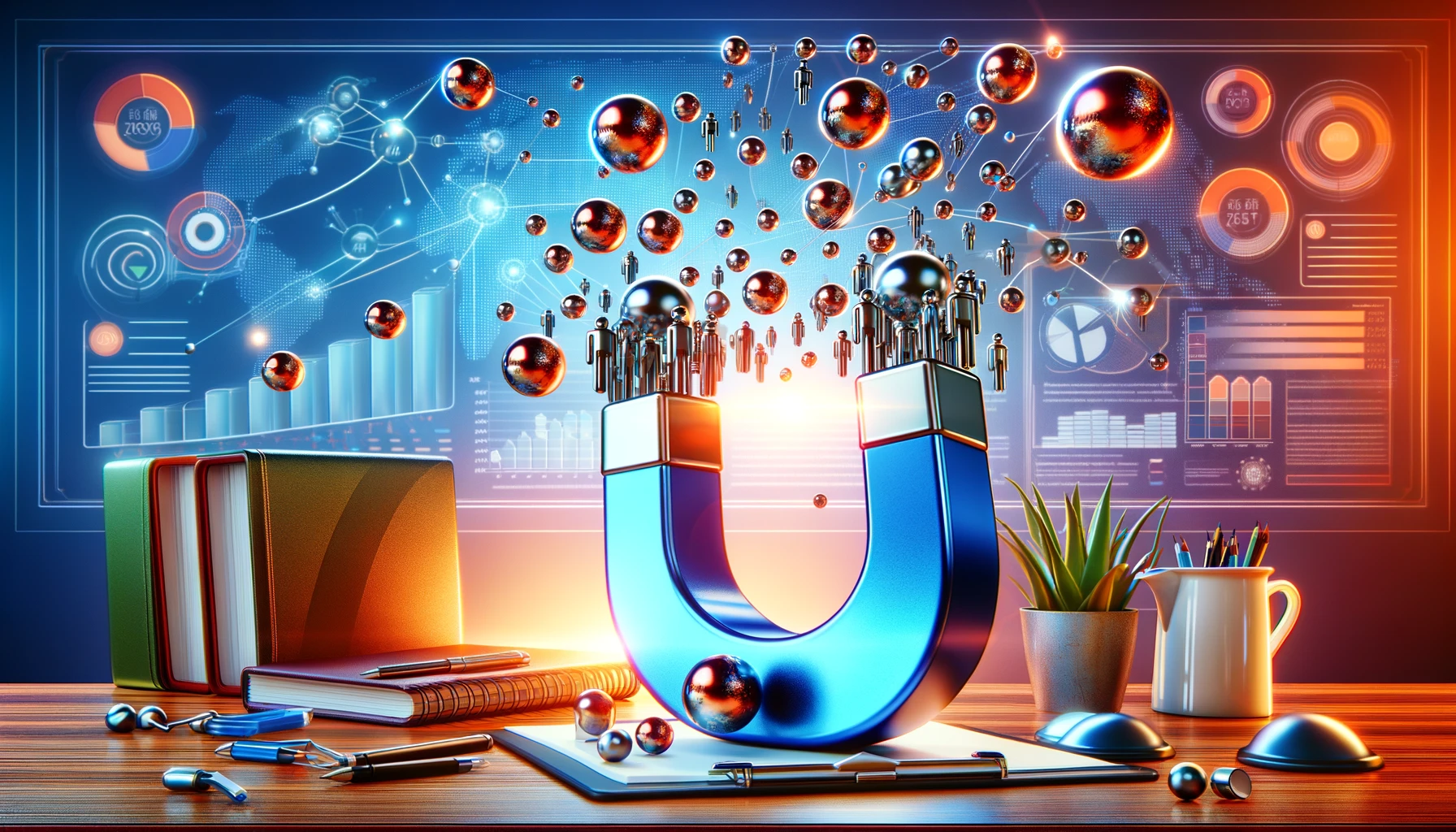 A vibrant visualization of Lead Generation Strategies depicted by a magnet attracting metallic spheres and characters within an abstract office setting, symbolizing potential customers and business growth.
