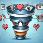 Abstract image representing an e-commerce sales funnel divided into sections with symbols: a magnet for attraction, an eye for interest, a heart for decision-making, and a shopping cart for action, set against a digital backdrop.
