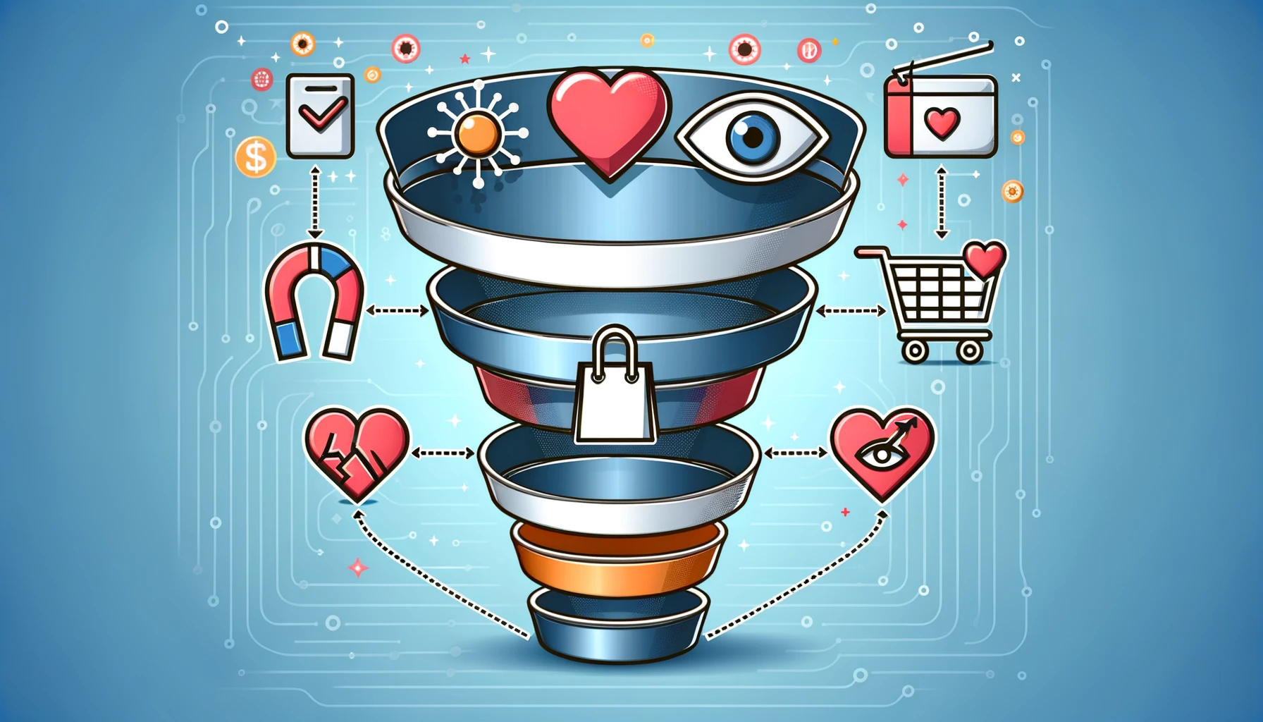 Abstract image representing an e-commerce sales funnel divided into sections with symbols: a magnet for attraction, an eye for interest, a heart for decision-making, and a shopping cart for action, set against a digital backdrop.