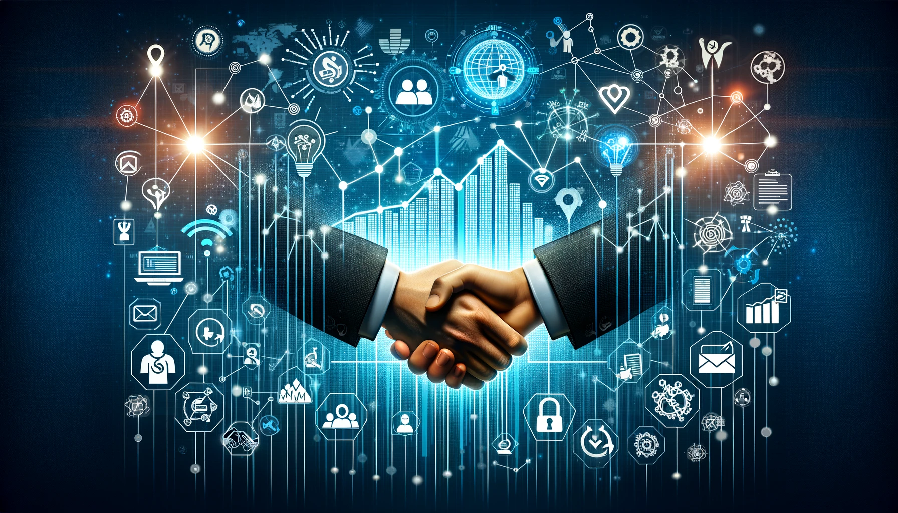 An illustration showcasing symbols of partnership, growth, and connectivity in affiliate program management, including handshake icons, upward graphs, and digital networks.