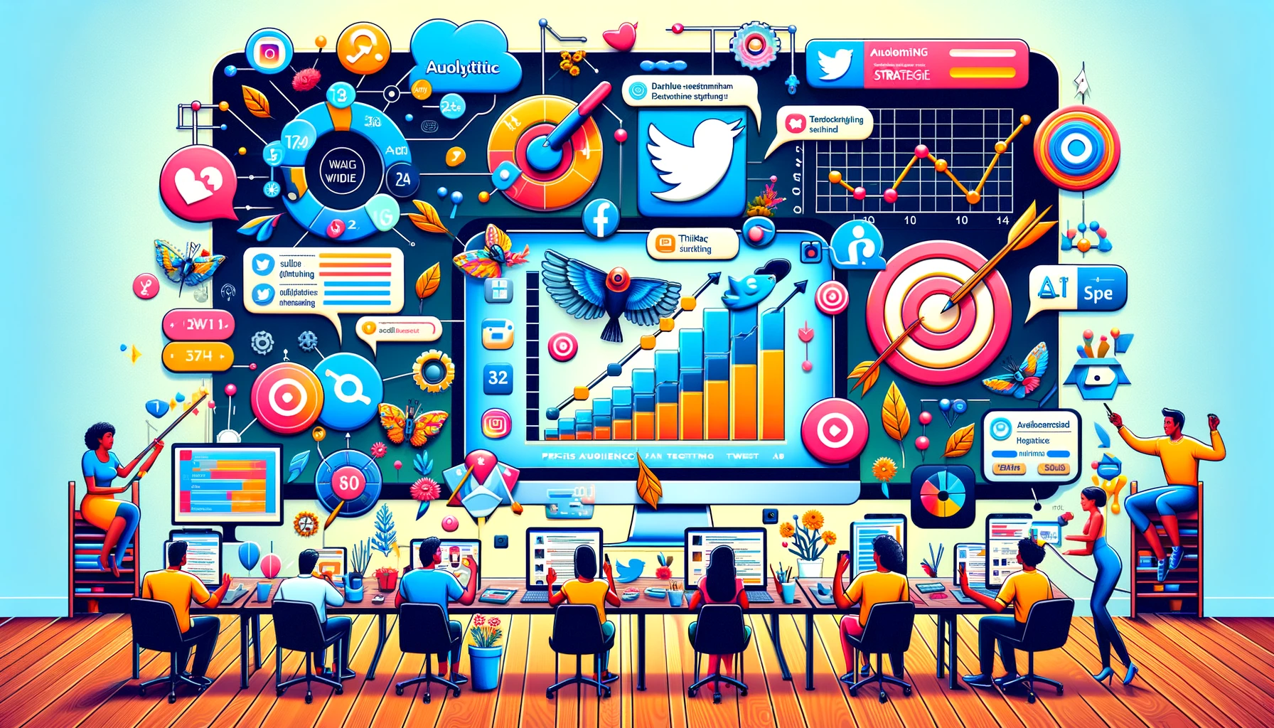 A visual representation of Twitter Ad Strategies, depicting the blend of analytical and creative processes with tweets, audience analytics, and targeted advertising.