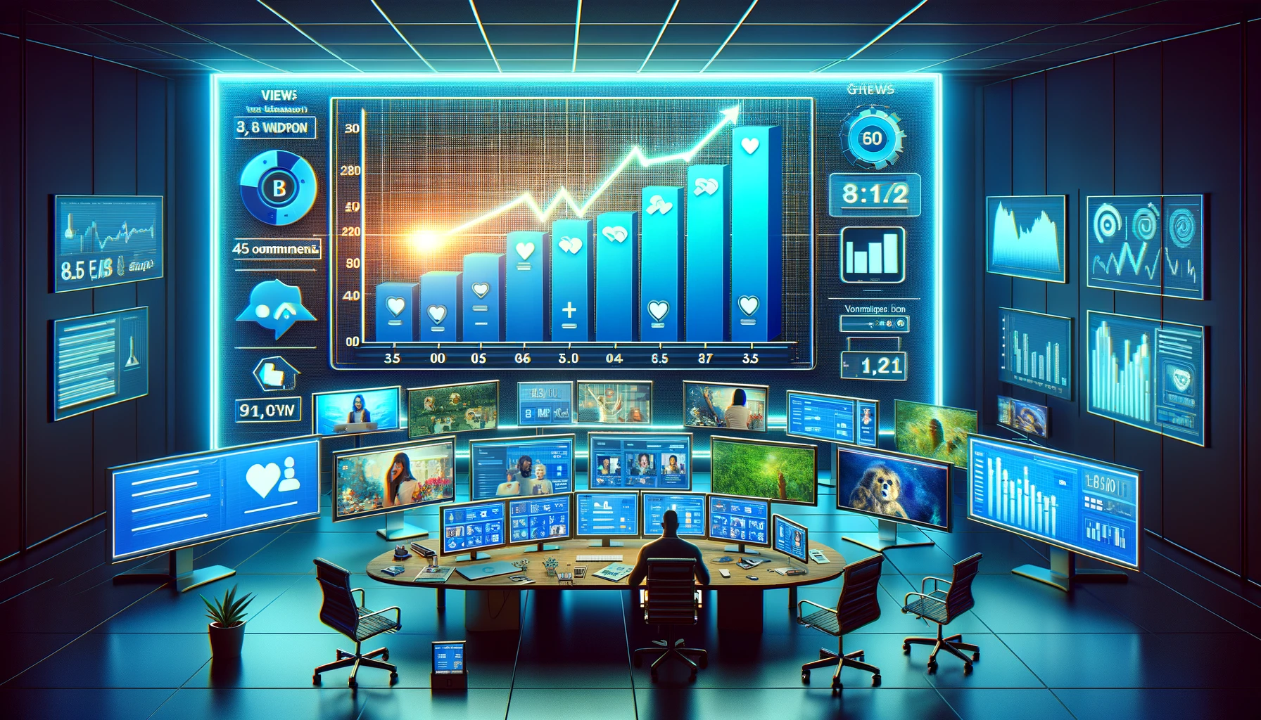 Image visualizing 'Video Engagement Metrics', with a large screen displaying a graph of rising metrics surrounded by smaller screens showing engaging video content types, set in a control room-like environment for strategic analysis.