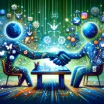 Illustration of Brand-Influencer Partnerships, showing two abstract figures shaking hands over a digital marketing backdrop, symbolizing collaboration and digital reach.