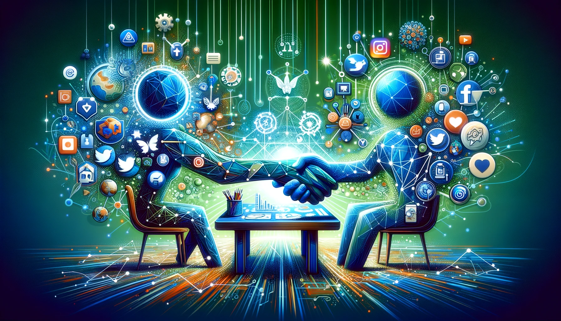 Illustration of Brand-Influencer Partnerships, showing two abstract figures shaking hands over a digital marketing backdrop, symbolizing collaboration and digital reach.
