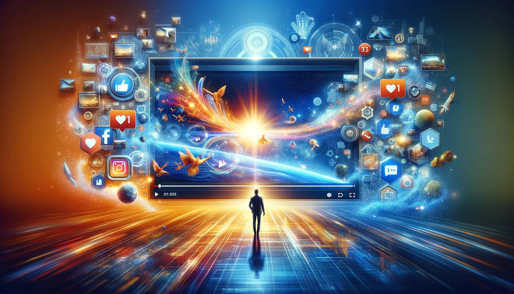 An innovative depiction of video marketing success, illustrating a marketer showcasing effective video content in a bustling digital landscape, underscored by engagement and connectivity symbols.