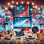 Image embodying 'Youtube Marketing Mastery', featuring a vibrant studio environment filled with YouTube-related elements like a clapperboard, camera, lighting equipment, and a screen displaying YouTube analytics, symbolizing successful marketing strategies.