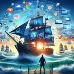 Image representing 'Navigating Multi-Channel Marketing', depicting a digital navigator steering a ship composed of various digital marketing channels through a sea of digital waves and data streams.