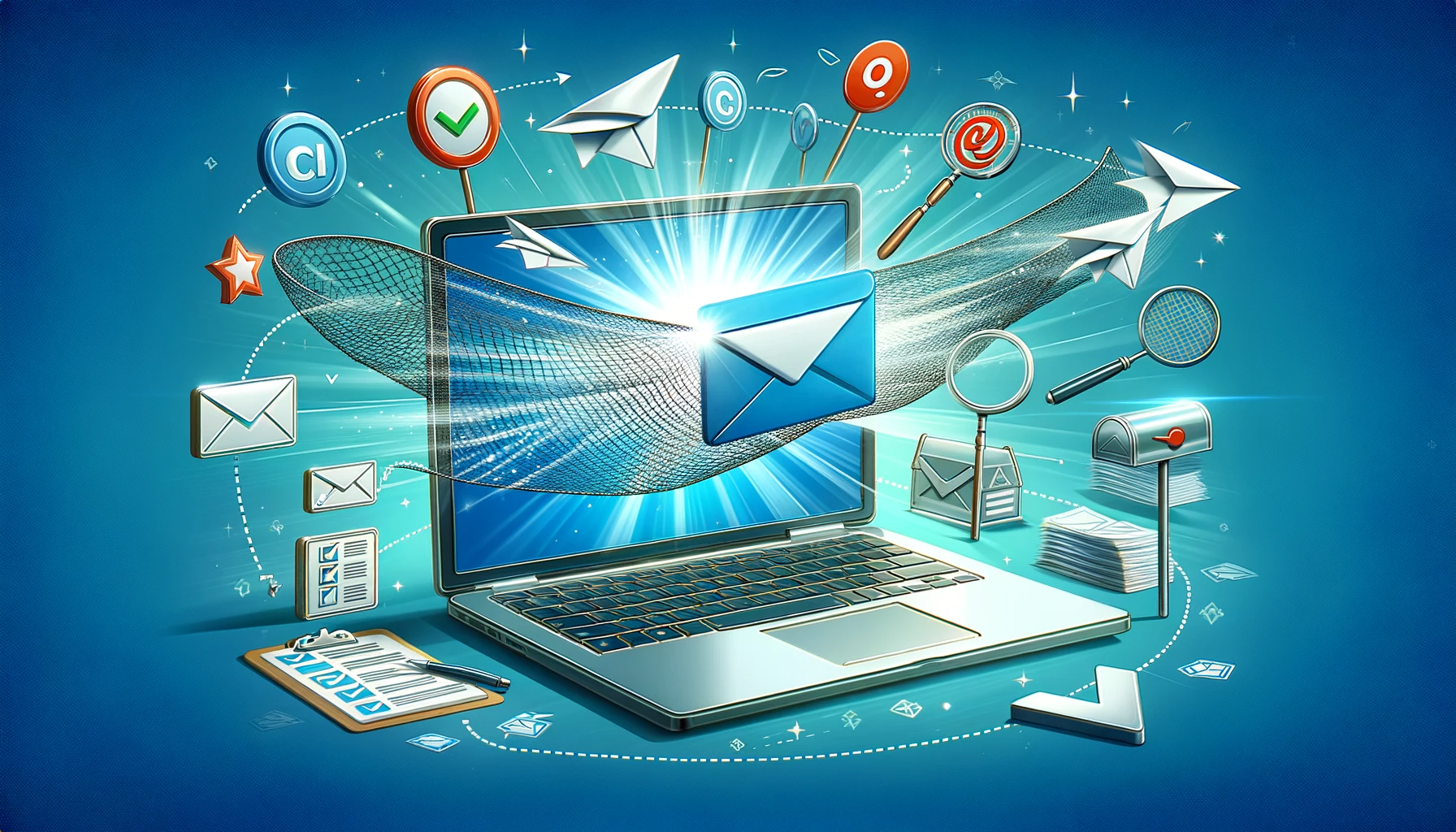 Image symbolizing 'Ensuring Email Deliverability', featuring an open laptop displaying a stylized email successfully navigating through obstacles to reach an inbox, surrounded by symbols of good email practices.