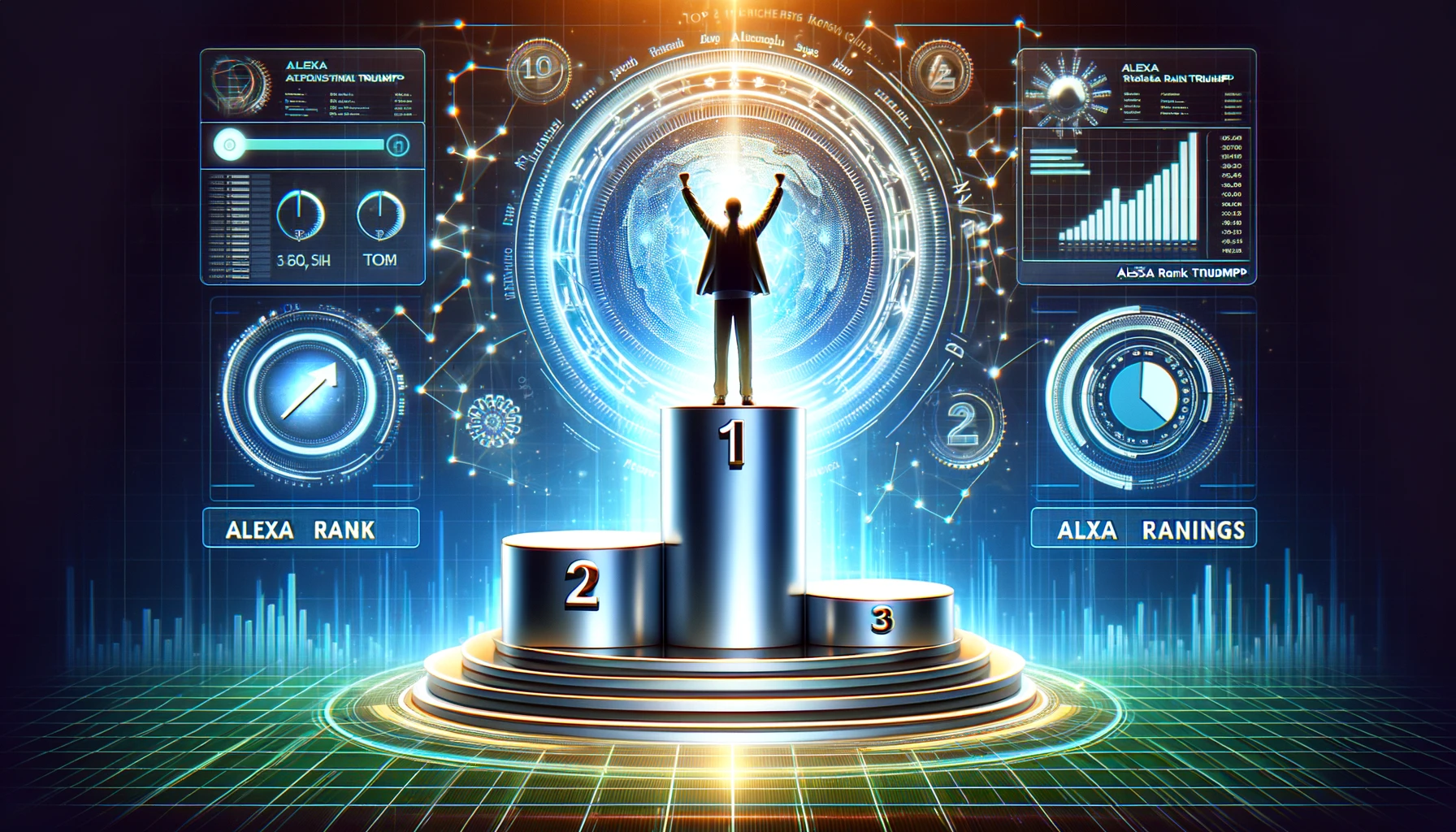 A victory podium in a digital realm, symbolizing Alexa Rank Triumph by achieving a high rank and digital authority. The highest platform, indicative of top Alexa rank, stands out prominently against a futuristic, digital background, illustrating the achievement of online success.