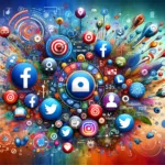 A lively composition representing 'Social Media Advertising' with icons of various platforms like Facebook, Instagram, Twitter, and LinkedIn surrounded by targeting symbols, demographic avatars, and engagement metrics.