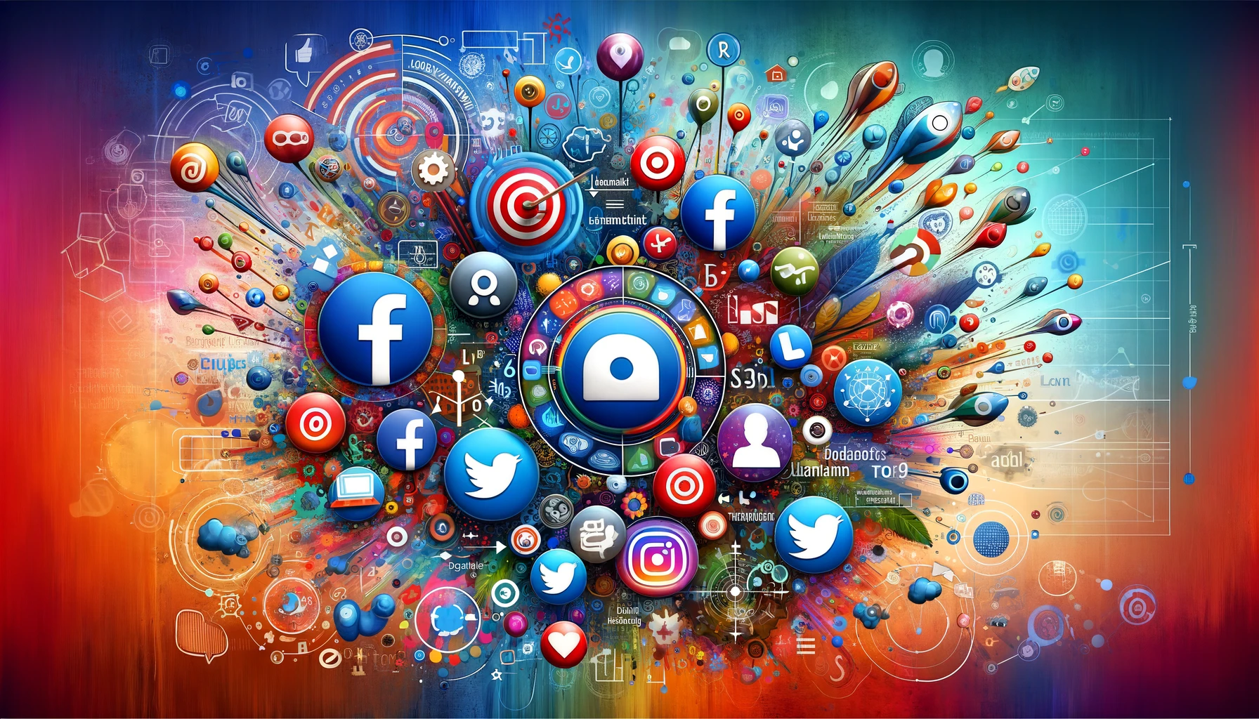 A lively composition representing 'Social Media Advertising' with icons of various platforms like Facebook, Instagram, Twitter, and LinkedIn surrounded by targeting symbols, demographic avatars, and engagement metrics.