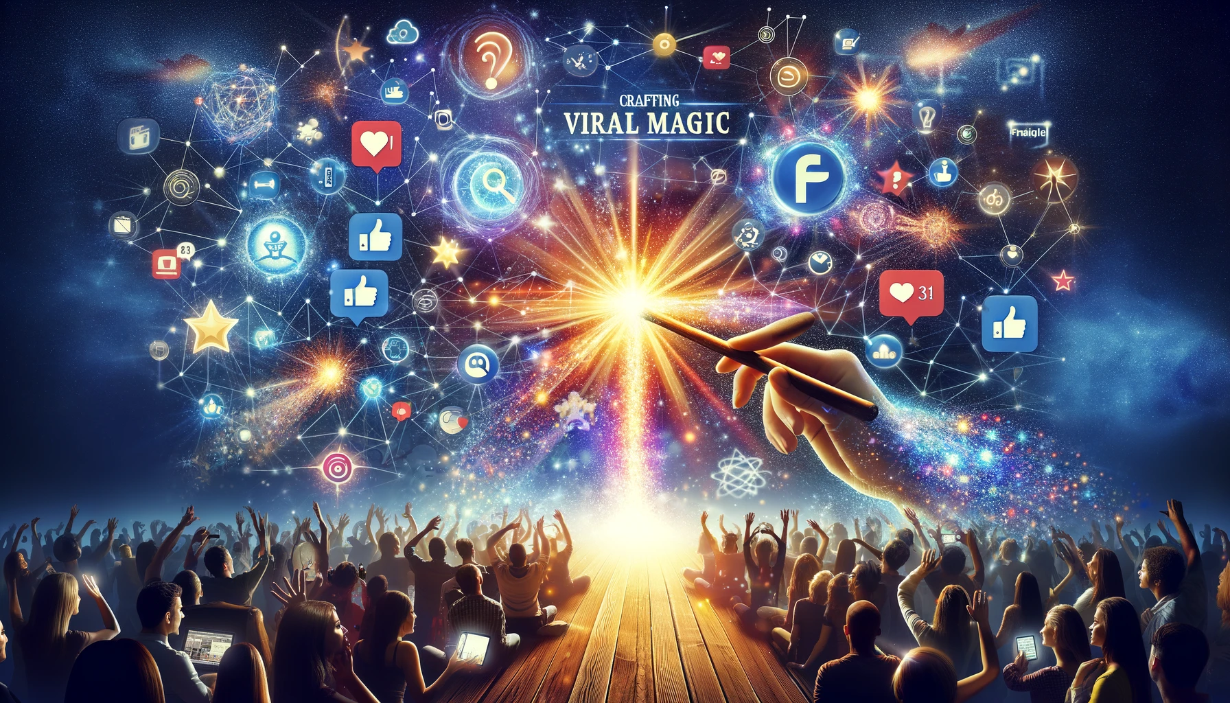 Illustration of Crafting Viral Magic with a magic wand activating social media engagement.