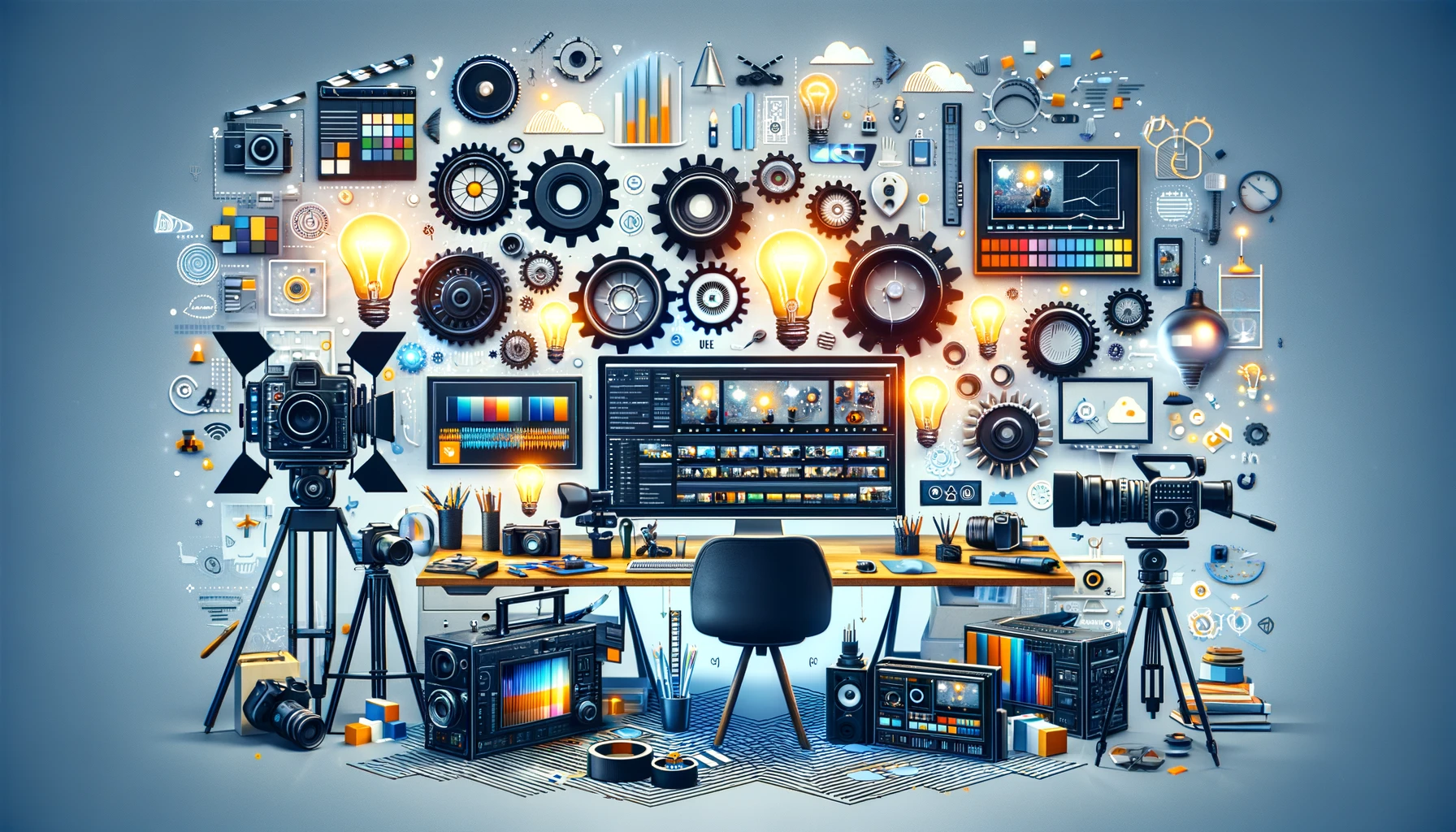 Image illustrating 'Video Content Creation', showing a modern studio environment filled with video production tools like cameras, tripods, and lighting equipment, alongside editing software on computer screens.