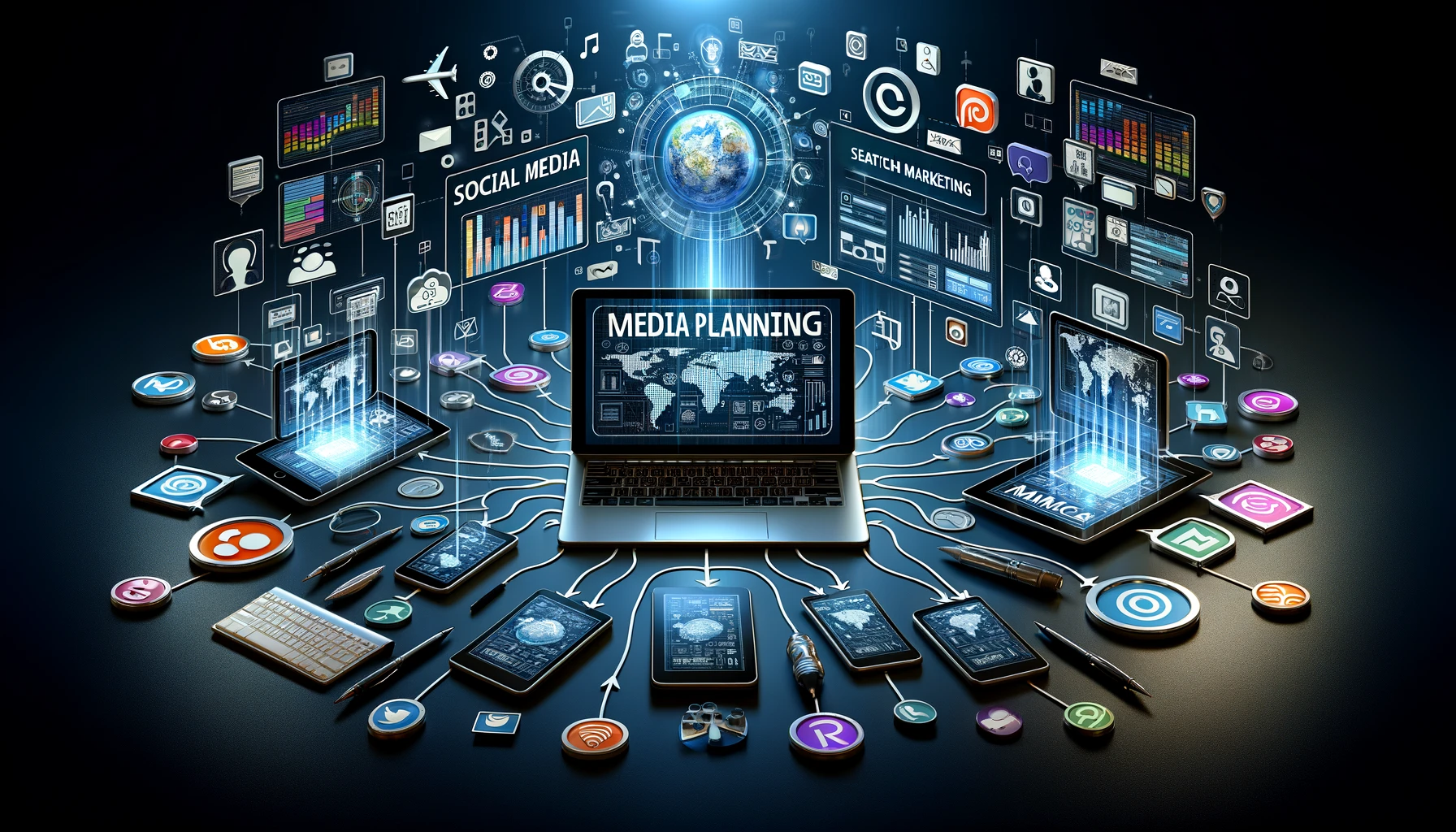 Illustration of 'Media Planning Essentials', showing various digital platforms like laptops and smartphones connected by data streams, symbolizing strategic media channel analysis and audience targeting in a digital marketing environment.