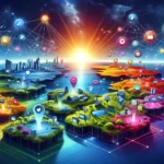 Colorful digital landscape illustrating diverse native ad platforms as interconnected islands, symbolizing the strategic use of multiple environments for enhanced ROI.