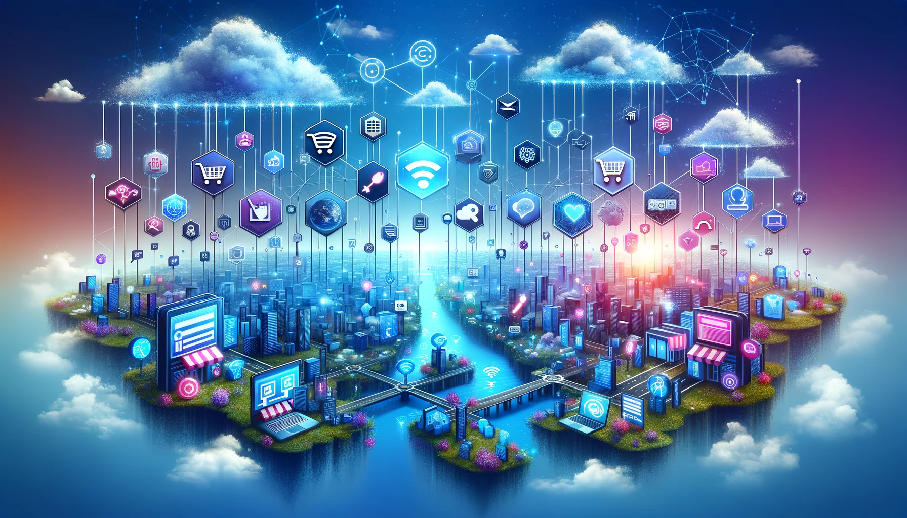 Image showcasing the concept of e-commerce link building, with various e-commerce platforms depicted as interconnected floating islands, symbolizing the strategic links between them against a vibrant digital backdrop.
