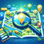 Image illustrating the concept of effective local SEO, showing a vibrant map with local landmarks and businesses marked with pins under a magnifying glass, highlighting the importance of local visibility and optimization.