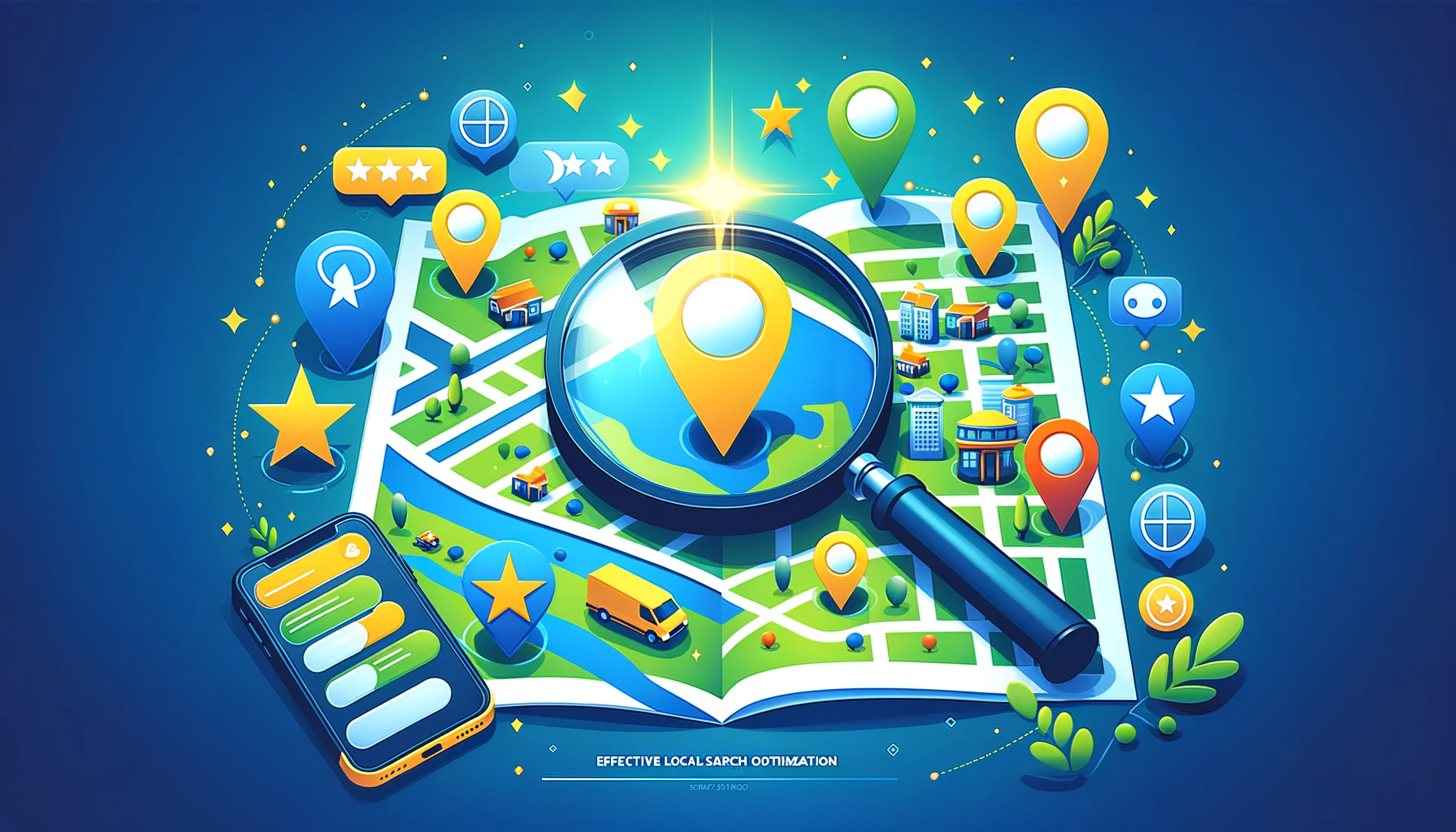 Image illustrating the concept of effective local SEO, showing a vibrant map with local landmarks and businesses marked with pins under a magnifying glass, highlighting the importance of local visibility and optimization.